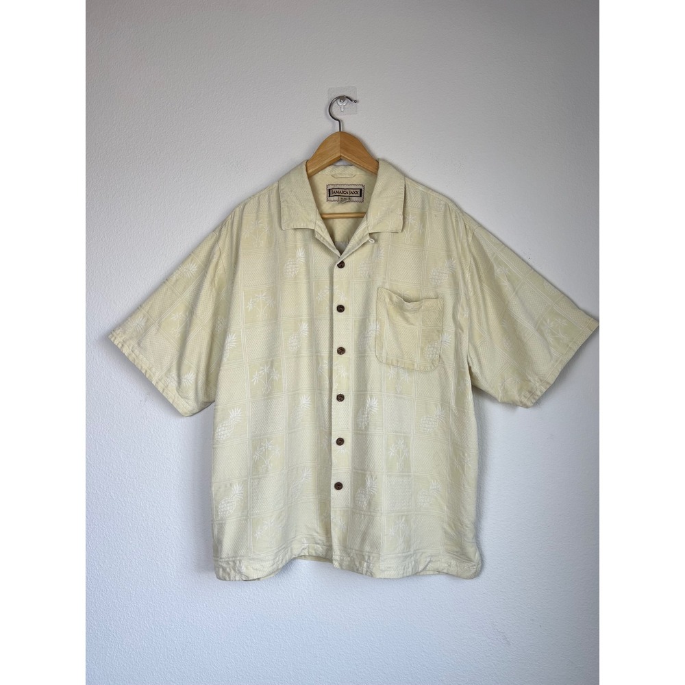 Jamaica Jaxx Silk Hawaiian Camp Shirt Mens XL Cream Pineapple Jacquard Aloha